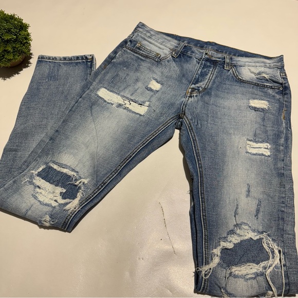 MNML Light Wash Distressed Denim Zipper Jeans Mens Size 32x32 Street Wear - Picture 1 of 5
